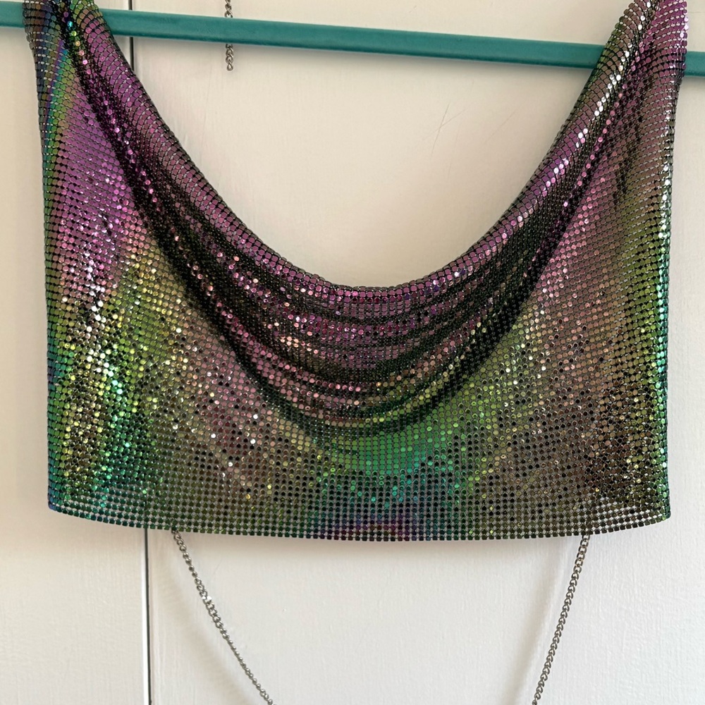 Rainbow Multicolor Chainmail Cowl Neck Crop Top Size Small - Picture 3 of 13